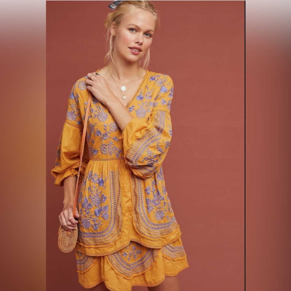 Anthropologie Meadow Rue Lisette Embroidered Tunic Dress V-Neck size XS